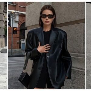 Commense Faux Leather Blazer Jacket Black Career Retro Oversized L City Chic